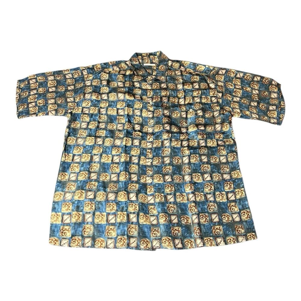 Vintage Burma Bibas Hawaiian Shirt Mens L Silk Geometric Tribal Aztec‎ Tropical